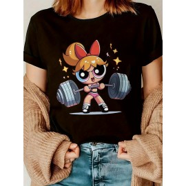 Women'S Y2K-Inspired Casual T-Shirt with Cartoon Print - Short Sleeve, Round Neck, All-Season Top | Playful Anime-Style Design with Bow and Weightlifting