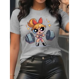 Women'S Y2K-Inspired Casual T-Shirt with Cartoon Print - Short Sleeve, Round Neck, All-Season Top | Playful Anime-Style Design with Bow and Weightlifting