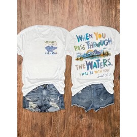 WHENYOU Women's Plus Size Inspirational Graphic T-Shirt - Joshua 1:9 Quote & Mountain Design, 100% Polyester Stretchy Crew Neck Casual Top, Lightweight 180gsm Machine Washable All-Season Tee