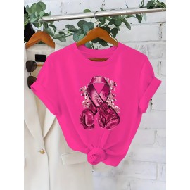 Plus Size, Women's Breast Cancer Awareness T-Shirt - Non-Transparent Black Top with Pink Boxing Gloves, Charity Event Apparel for, Survivor Gifts - Machine Washable Summer Shirt, Wear, Geometric Print, Comfortable Fabric, Casual Wear, Gift Shoppers