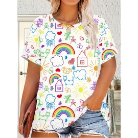 Plus Size - Fun Graffiti 3D Print, Comfortable And Breathable Elastic Fabric, Casual Loose Fit, Machine Washable Round Neck Short Sleeve T-Shirt, Suitable for Spring, Summer, And Autumn Outdoor And Weekend Gatherings.