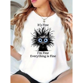 Plus Size, European and American bestseller, stylish plus-size Women's cute cat print T-shirt, comfortable and elegant casual round-neck short-sleeve top for spring, summer, and autumn seasons, machine washable