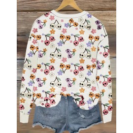 Plus Size - Women'S Plus Size Halloween Graphic Sweatshirt - Casual Crew Neck Pullover with Skull & Pumpkin Print, White with Black & Orange Design, Short Sleeve, All-Season Comfort Fit, Halloween Sweatshirt