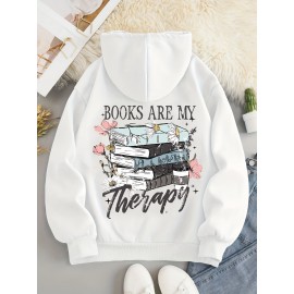 Plus Size, Women's Winter Elegant Geometric Print Hooded Sweatshirt - Cozy Pullover Hoodie with Book & Floral Design, 