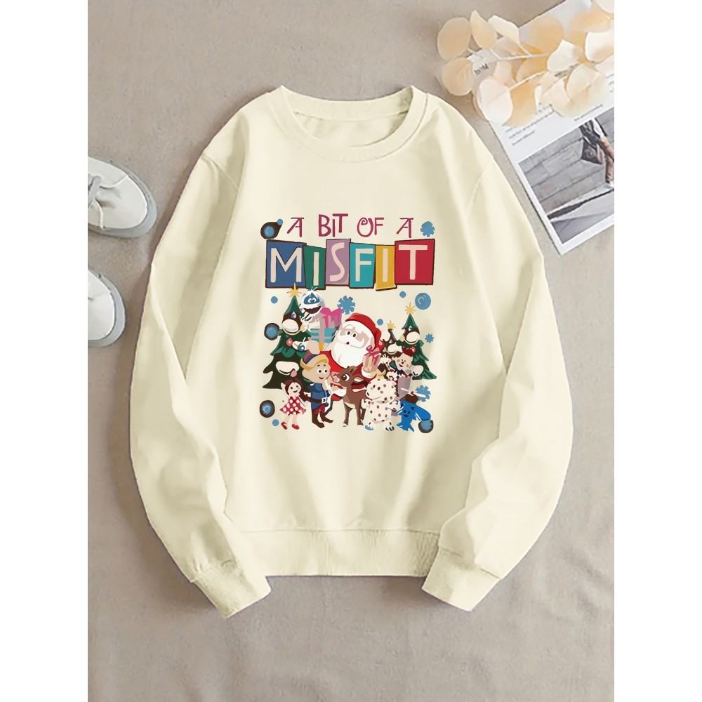 Plus Size, Large-Sized Women's Christmas Cartoon Print Hoodie - Oversized Round-Neck Pullover Sweatshirt with Santa & Elves, Soft Casual Sleeve, Machine Washable Cozy Winter Holiday Sweater for Women