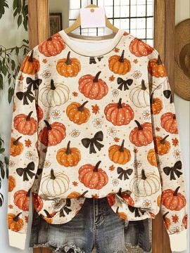 Plus Size, Plus Size Women's Halloween Pullover Sweatshirt - Oversized Casual Round Neck Long Sleeve with Pumpkin Floral Butterfly Print, Machine Washable Fall Autumn Holiday Party Top