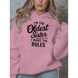 Women'S Plus Size Casual Hoodie with Pockets, Oversized Alphabet Print Long-Sleeve Pullover, 100% Polyester Knit Fabric, Slight Stretch, Fall/Winter Fashion Top