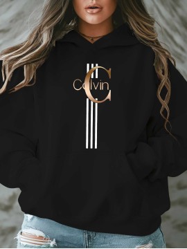 Calvin s Plus Size Oversized Hooded Sweatshirt - Light Grey with Black Letter 'C' & Golden Stripes Print, Cozy Fleece Pullover with Pockets, Women's Autumn Winter Casual Clothing, Autumn Winter Apparel, Comfortable Sweatshirt
