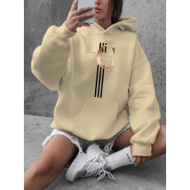 Calvin s Plus Size Oversized Hooded Sweatshirt - Light Grey with Black Letter 'C' & Golden Stripes Print, Cozy Fleece Pullover with Pockets, Women's Autumn Winter Casual Clothing, Autumn Winter Apparel, Comfortable Sweatshirt