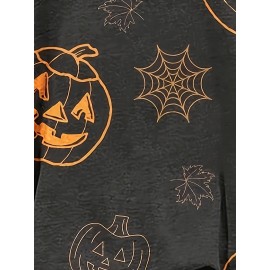 Plus Size, Women's Plus Size Halloween Sweatshirt - Black & Orange Jack-O'-Lantern Pumpkin Spiderweb Graphic Pullover - Cozy Fall Party Outfit - Machine Washable Casual Halloween Top for Women