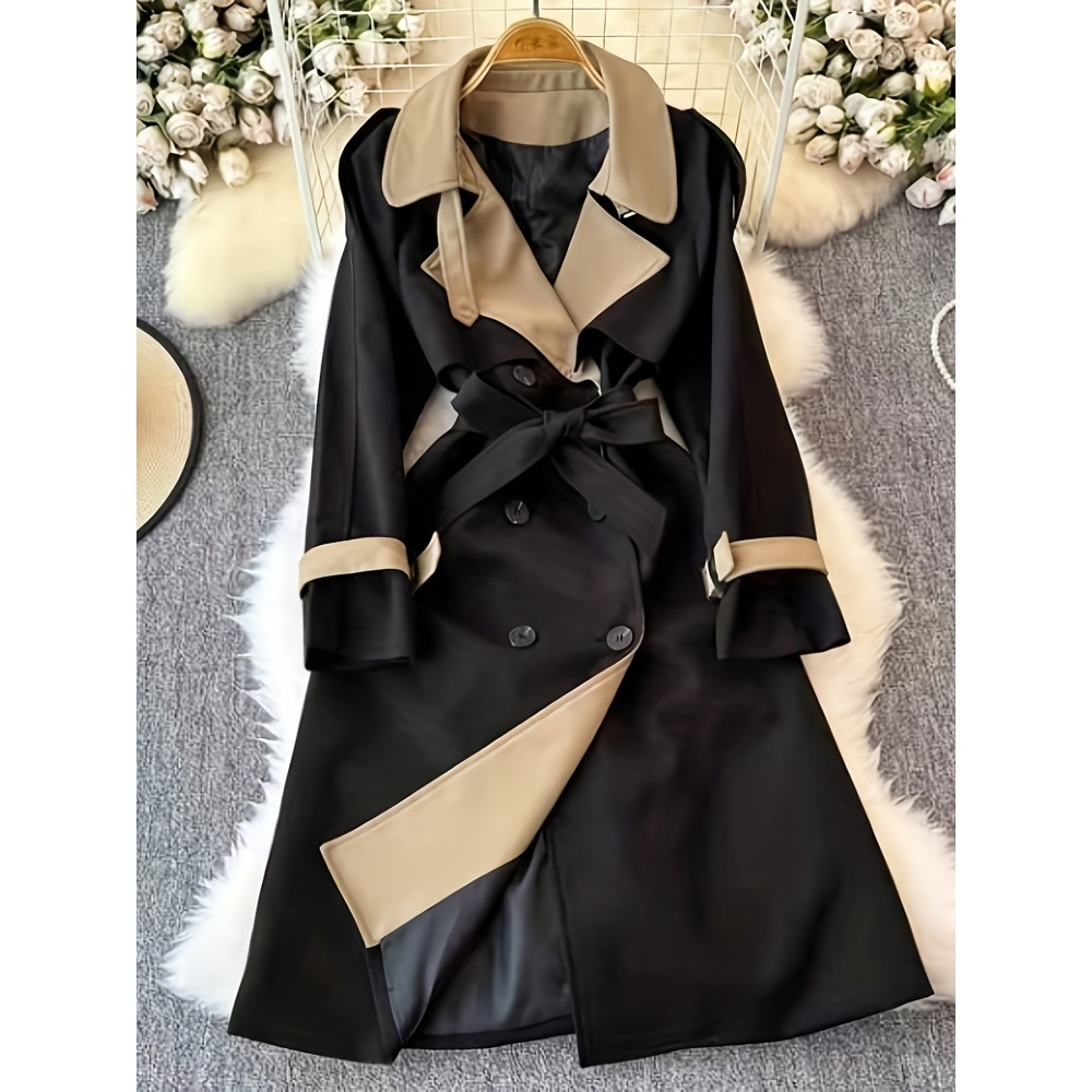 Elegant Beige & Black Color Block Trench Coat with Lapel Collar - Long Sleeve, Mid-Length, Button-Up Outerwear for Women, Perfect for Fall 2025, Stylish Commuter Wear | Chic Lapel Collar | Structured Design