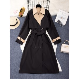 Elegant Beige & Black Color Block Trench Coat with Lapel Collar - Long Sleeve, Mid-Length, Button-Up Outerwear for Women, Perfect for Fall 2025, Stylish Commuter Wear | Chic Lapel Collar | Structured Design