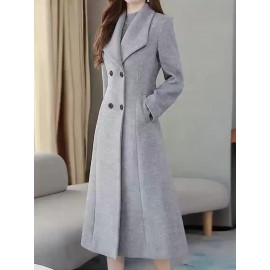 Double Breasted Lapel Longline Jacket, Elegant Long Sleeve Pockets Simple Slim Overcoat For Fall & Winter, Women's Clothing