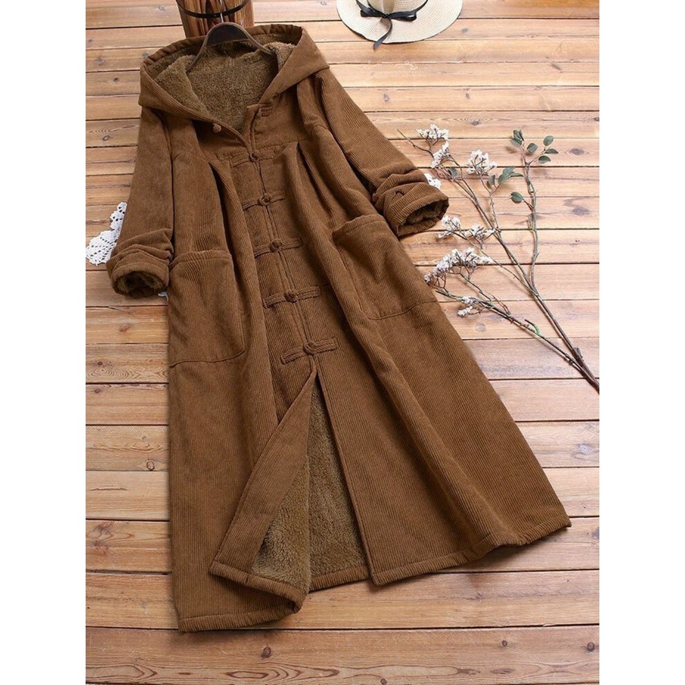 Women'S Elegant Fleece-Lined Mid-Length Coat - Loose Fit Long Sleeve with Button Front, Solid Color Brown, Perfect for Fall/Winter, Cozy Outerwear | Buttondown Coat | Placket Closure