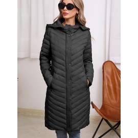 Women'S Lightweight Long Winter Coat - Warm Padded Zipper Front, Elegant Solid Color, Regular Fit Long Sleeve Coat for Daily Casual Comfort & Formal Occasions, Winter Coats, Seasonal Fashion, Sophisticated Style, Cozy Fabric