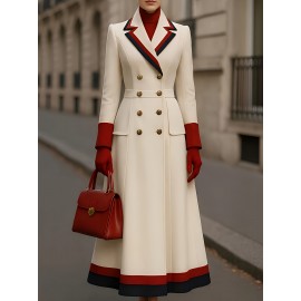 New High-End Fashion Versatile Stylish Goddess and Mature Tweed Coat with Color Blocking, French Style Metal Double-Breasted Long Overcoat, Casual Commuter Women's Outerwear