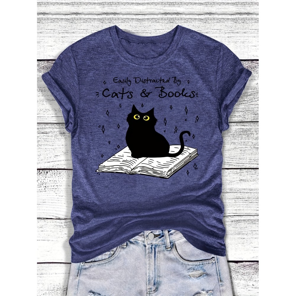 [Playful Cat T-Shirt] Lightweight & Stretchy Charming Black Cat & Book Illustration T-Shirt | Casual Crew Neck, Short Sleeve, Perfect for Spring & Summer, S-XXL, Cat Lover Gift