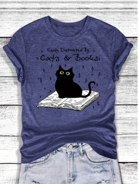 [Playful Cat T-Shirt] Lightweight & Stretchy Charming Black Cat & Book Illustration T-Shirt | Casual Crew Neck, Short Sleeve, Perfect for Spring & Summer, S-XXL, Cat Lover Gift