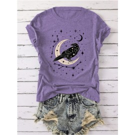 Women'S Vintage Gothic T-Shirt - Soft Pink Pastel Tee with Crow & Crescent Moon Graphic - Everyday & Special Occasion Top - Sizes S-XXL - Casual Gothic Apparel for Women, Goth T Shirt, Allseason Clothing, Comfortable Fit Shirt