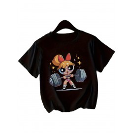 Women'S Y2K-Inspired Casual T-Shirt with Cartoon Print - Short Sleeve, Round Neck, All-Season Top | Playful Anime-Style Design with Bow and Weightlifting