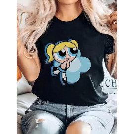 [1pc Soft Cartoon Tee] 1pc Women's Soft Stretchy Cartoon Graphic Print T-Shirt | Relaxed Fit Round Neck Short Sleeve Tee for Casual, Gym & Outdoor Activities | Machine Washable All-Season Comfort, Breathable Fabric, Playful Design