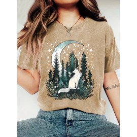 [Bohemian | Soft Stretch] Women's Bohemian T-Shirt | Soft Stretch Round Neck Short Sleeve Top | Fox & Pine Forest Graphic, All-Season Casual, Machine Washable, Multi-Color S-XXL