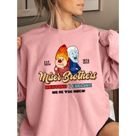 [Cute Sweatshirt] Soft Pink Women's Plus Size Cute Cartoon Character Print Sweatshirt | Miser Brothers & We're Too Much! Graphic, Machine Washable Casual Winter & Autumn Top, Cozy Comfort Clothing, Relaxed Fit Pullover