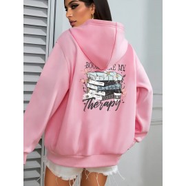 Plus Size, Women's Winter Elegant Geometric Print Hooded Sweatshirt - Cozy Pullover Hoodie with Book & Floral Design, 