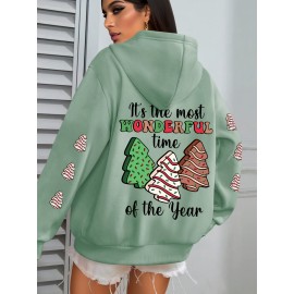 Winter Warmth | Women's Plus Size Christmas Tree Print Hoodie - Cozy Long Sleeve Pullover with Pockets, Festive 